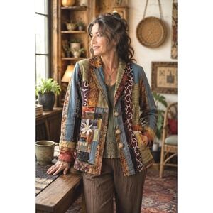 Sandy Starkman Patchwork Art Jacket Boho Tapestry Mixed Media Button Front M